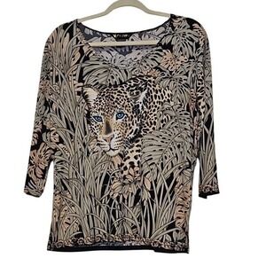 Valentina Women Leopard Jungle Graphic Top 3/4 Sleeve Rhinestone Blue Eyes Large